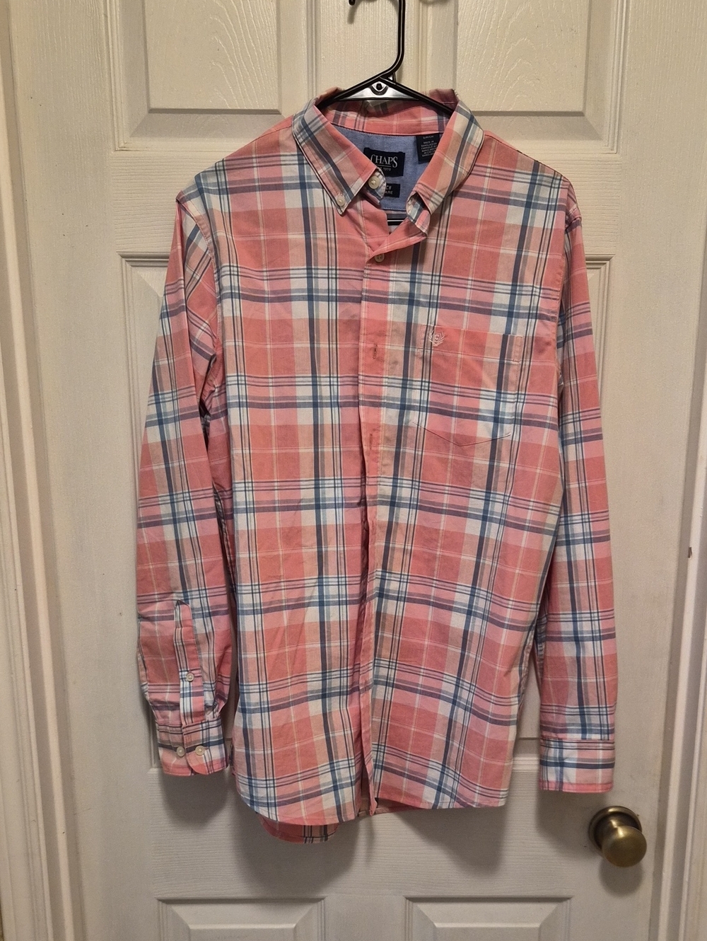 Chaps Men's Pink and Blue Plaid Button-Down Shirt
